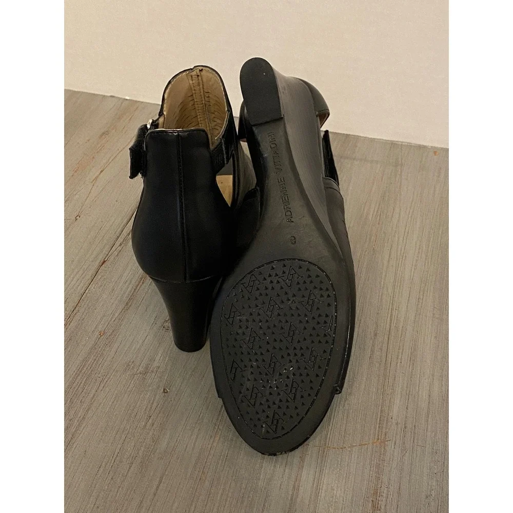 Adrienne Vittadini Black Leather Peep Toe Wedge Booties AV-RIVER Womens 8